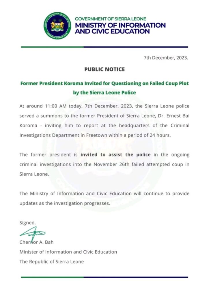 Ministry of Information and Civic Education Press Released on Former President Koroma